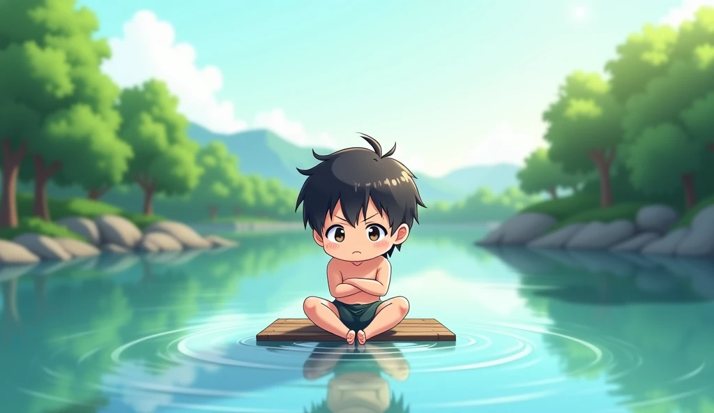 (Highest quality, masterpiece, High resolution)、4K Anime Art、Soft Light, A cute, unsatisfied boy is sitting in the middle of a river. He has a pouty expression, his arms crossed, and his legs dangling in the water. The river is calm, reflecting the soft gl...