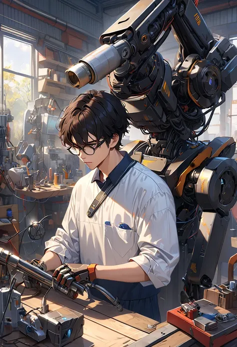 An absurd resolution, High Resolution, (masterpiece: 1.4), Super Detail,  young man、Messy black hair、Short Hair、Glasses、Welder、Dress Up, Highly technological robotic arm workbench