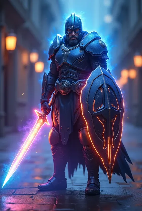 Full body shot of a male warrior wearing a hi tech, cibernetic, futuristic, blue, violet and orange mixed glowing plasma energy powerarmor, and his short beard glows trough the hi tech blue violet and orange mixed glowing plasma energy  Helmet, holding a g...