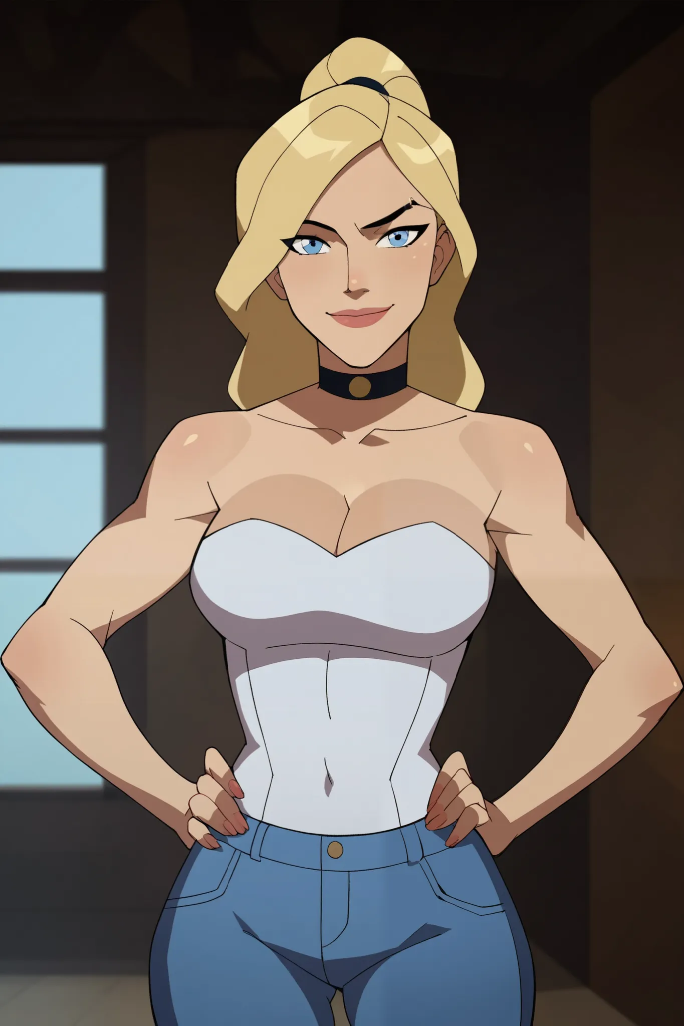 score_9, score_8_up, score_7_up, source_cartoon,black canary, blue eyes, blonde hair, wavy mid-ponytail , large breasts, light blue jeans, light blue tube top, choker, cleavage,   BREAK standing, looking at viewer, smiling, closed mouth, confident expressi...