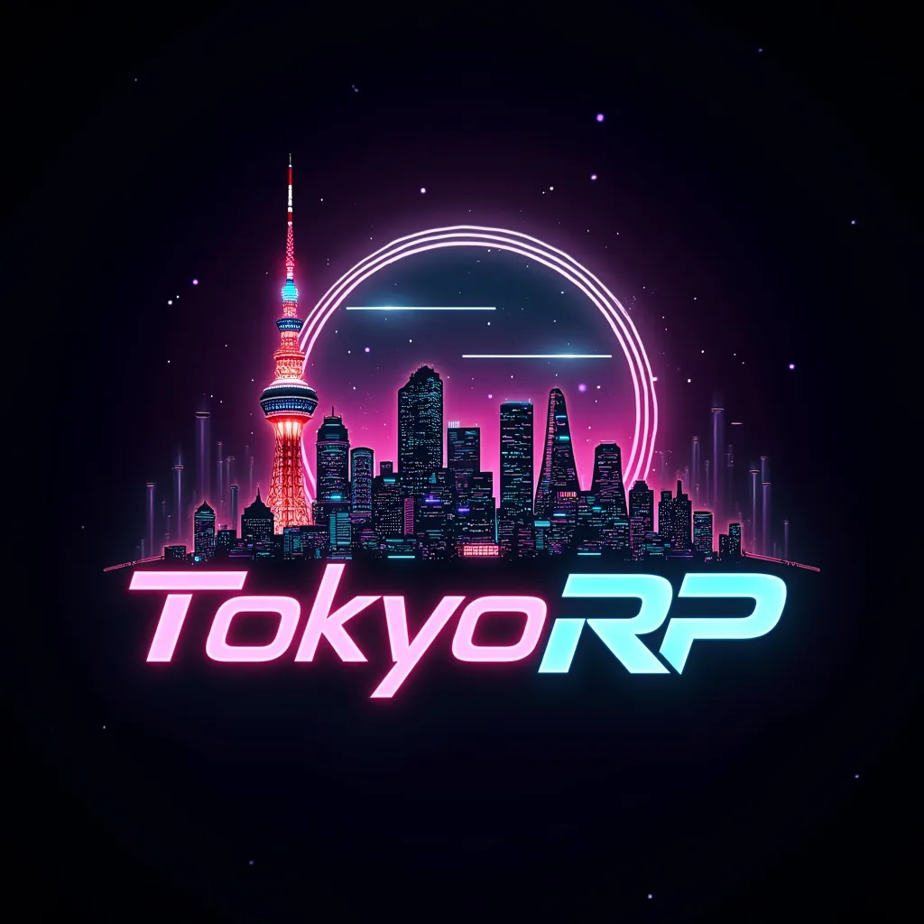 Design a futuristic cyberpunk logo for 'Tokyo RP,' featuring neon-lit cityscapes, holographic elements, and sleek, modern typography. Incorporate iconic landmarks like the Tokyo Tower or Shibuya Crossing in a stylized, high-tech manner. The color scheme sh...