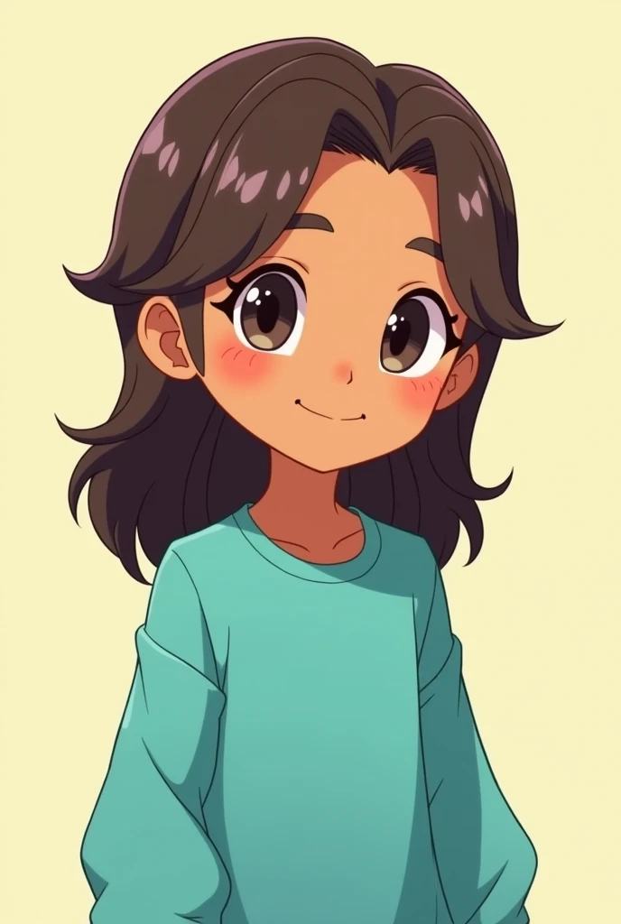 Young man in chibi style, with brown skin and long brown hair, sleek,  falling gently on the shoulders . He wears a long turquoise shirt, with a loose design and soft details on the sleeves. Her expression is sweet and friendly , with big bright eyes and a...