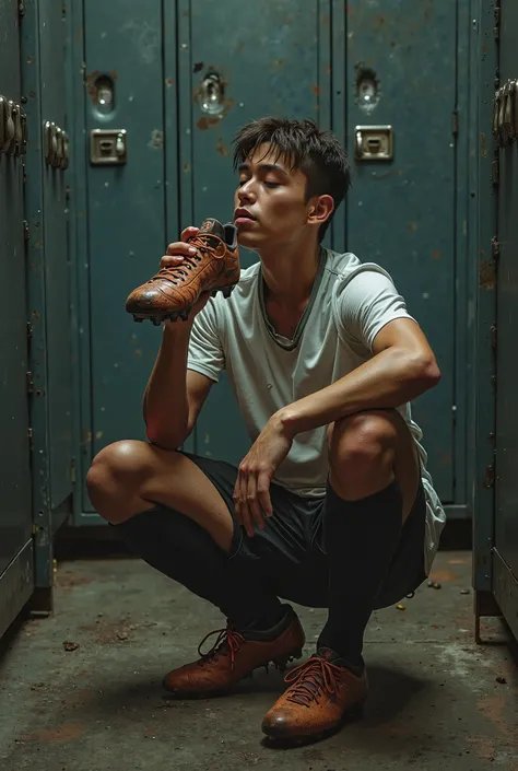 Create the image of a young man smelling his shoes after an intense soccer game in the locker room