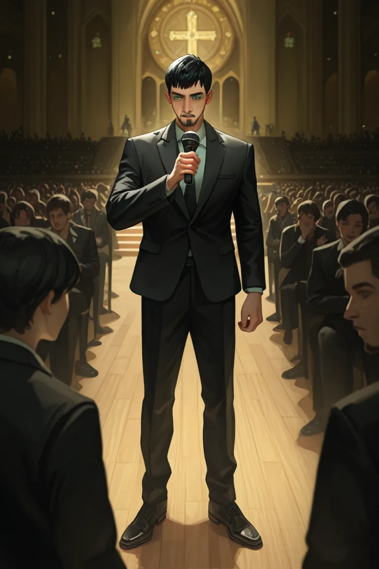 Single man, wearing a black suit, short hair with a masculine cut, goatee, with green eyes, holding a microphone, calm expression, in an evangelical church, standing on the stage, black hair, Holding a bible in his left hand, lonely,