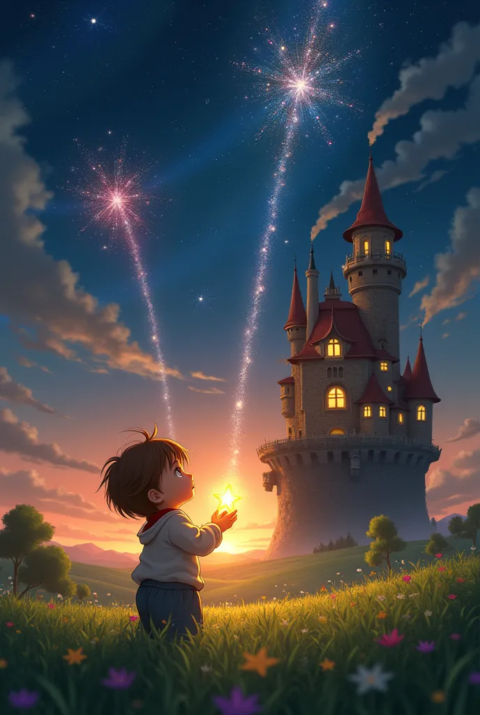 Howls moving castle field star and shooting stars sunset brown haired baby holding star exploding 