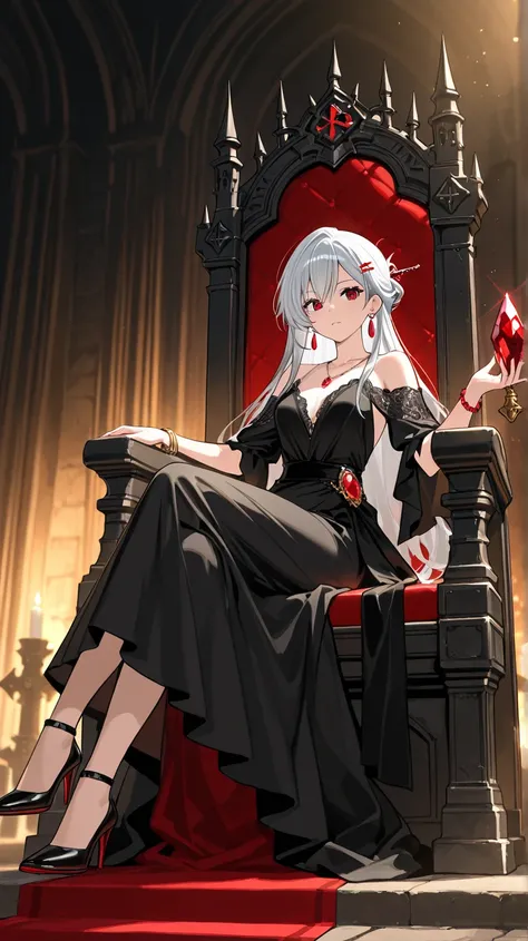 beautiful young lady, long silver hair, ruby-red eyes, long black dress, high heels, bare shoulders, throne, bracelets, necklace, earrings, hairpin, jewellery, gems, red nail polish, dark castle.