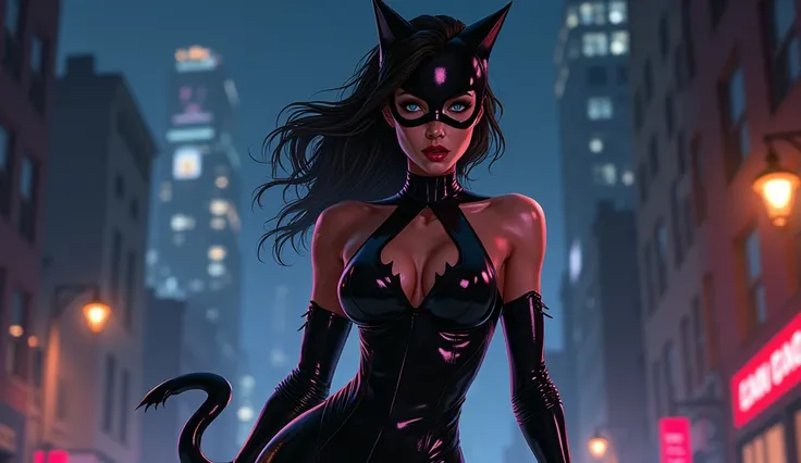 a sexy catwoman, feline beauty ,  seductive expression , bold pose , Feline movements,  bright feline eyes , soft leather, tight black leather outfit, sharp nails, wavy tail,  night city background ,  Bright neon lights , dark and mysterious environment, r...