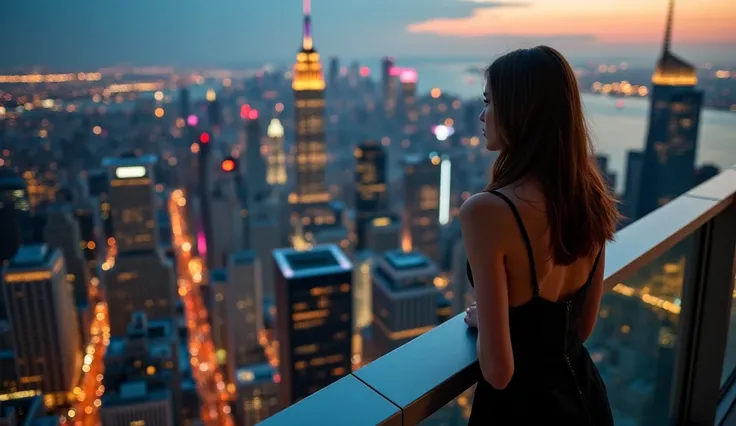 Location: Rooftop lounge, overlooking a massive city skyline.

Character: Girl leaning on the edge, looking at the city lights.

Camera: Aerial drone shot, slowly circling her from behind.

VFX: Bokeh city lights, subtle lens flare.

Vibe: Millionaire soli...