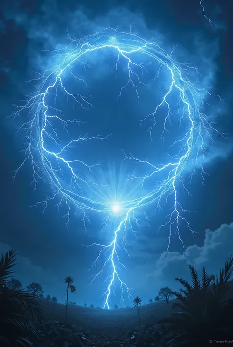 A lot of beautiful blue lightning makes a circle