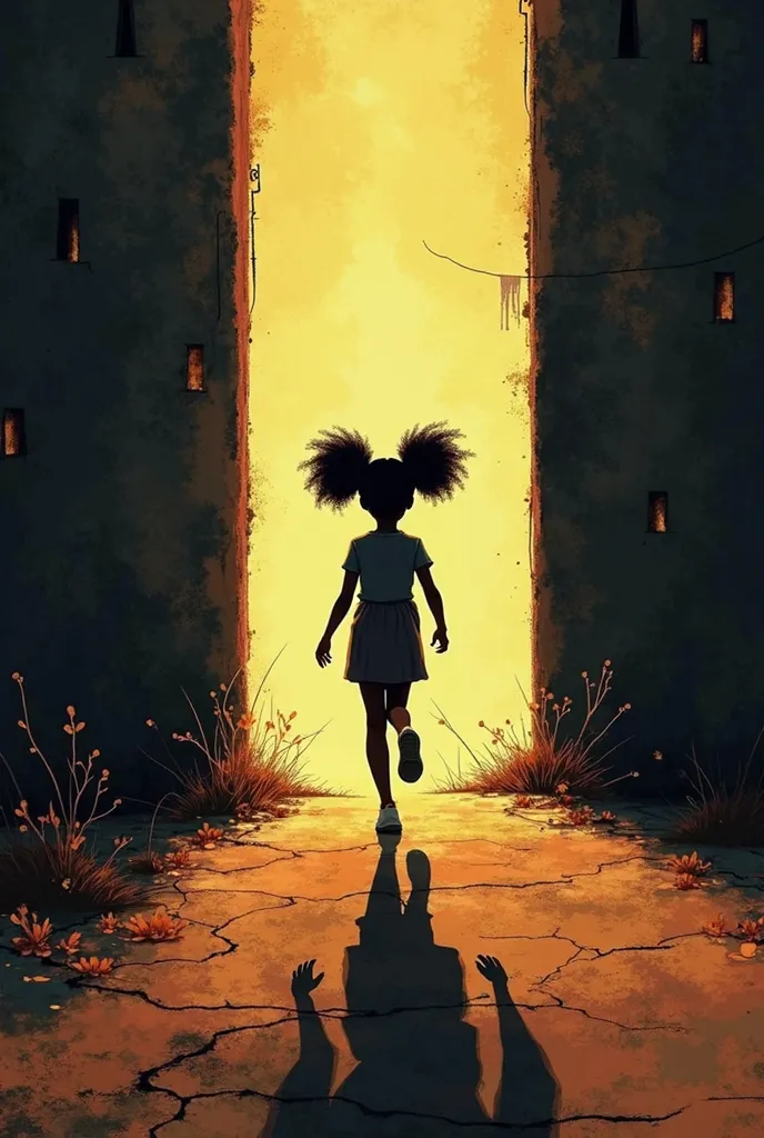 Illustrate a silhouette of a black girl with an afro running toward a bright light, with their dark shadow stretching behind them into an abstract darkness, representing the struggle between escape and facing one’s problems