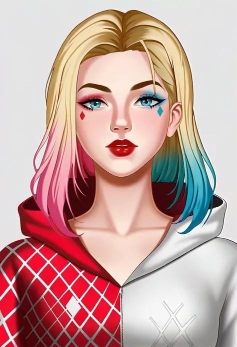 score_9, source_anime, masterpiece, high quality, (Gwen stacy body fusion with Harley Quinn), (white and red mixed Gwen spider suits), (web and diamond pattern hoodie), merging, sexy body, amalgamation, smooth skin, bedroom backgrounds, (8K), (Cinematic li...