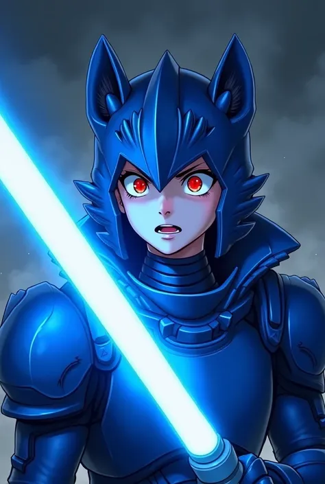 A 2D anime-style illustration that shows the dramatic moment in which an anthropomorphic soldier wearing blue metallic armor wolf-shaped helmet is being attacked by a blue lightsaber. The lightsaber is about to cut his neck, but the scene is captured in th...