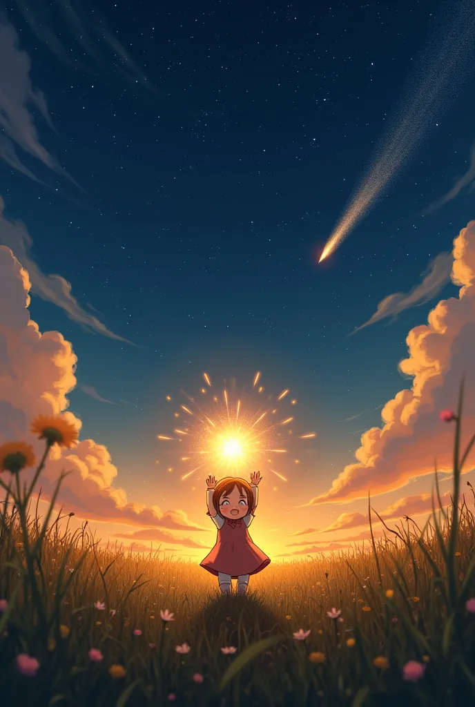 Howls moving castle field star and shooting stars sunset brown haired baby girl holding star exploding. Far into the field 