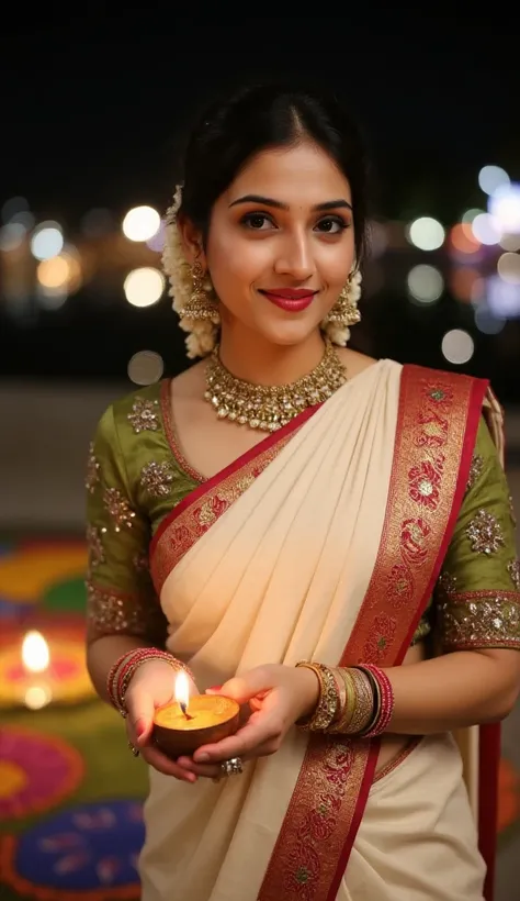 A close-up of a woman celebrating Deepawali at night, sharply focused and extremely detailed. She is wearing a traditional Indian white  saree and green blouse, richly adorned with intricate patterns and shimmering embellishments in warm tones like red and...