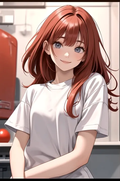 red hair, long hair with bangs down, Bright gray eyes ,pretty eyes and a smile  ,Red Ball  ,white short sleeve ,Game expert