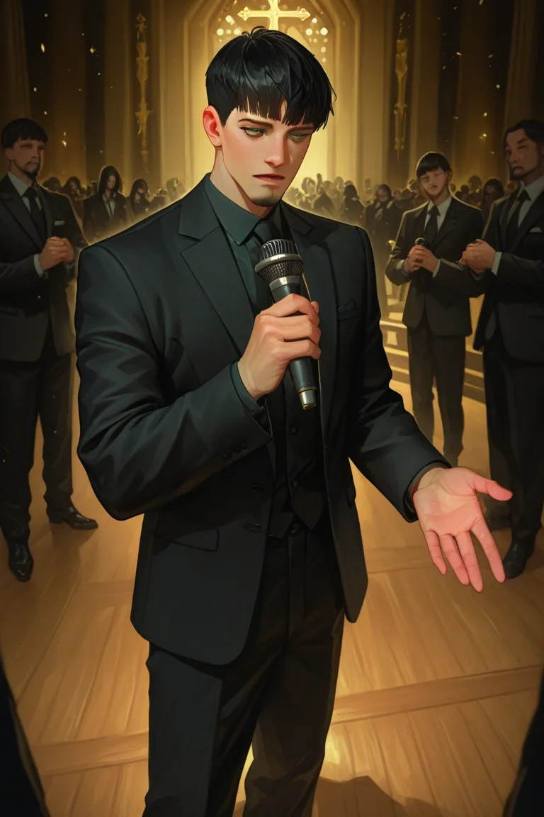 Single man, wearing a black suit, short hair with a masculine cut, goatee, with green eyes, holding a microphone, calm expression, in an evangelical church, standing on the stage, black hair, Holding a bible in his left hand, lonely,