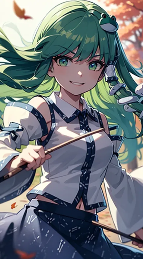 Best Quality,Ultra-detailed,Unity 8k wallpaper,extremely details CG,super detailed skin,Detailed,Dynamic lighting,Beautiful detailed eyes,kochiya sanae,happy Smile,Green long hair,Green eyes,frog hair ornament, hair tubes,snake,Detached sleeves,Shirt,Long ...