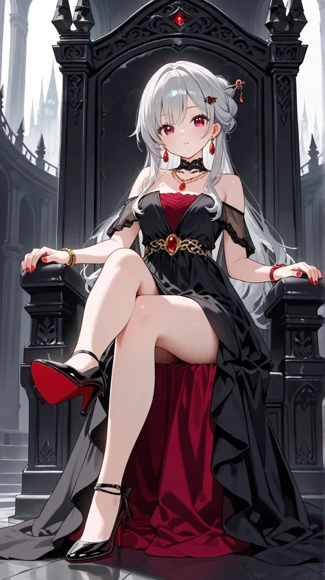 beautiful young lady, long silver hair, ruby-red eyes, long black dress, high heels, bare shoulders, throne, bracelets, necklace, earrings, hairpin, jewellery, gems, red nail polish, dark castle.