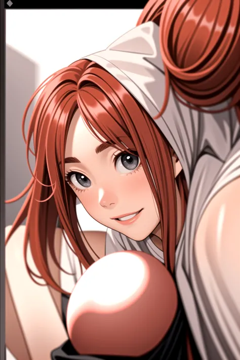 Red hair with long hair without bangs, Bright gray eyes ,pretty eyes and a smile  ,Red Ball  ,white short sleeve ,Game expert