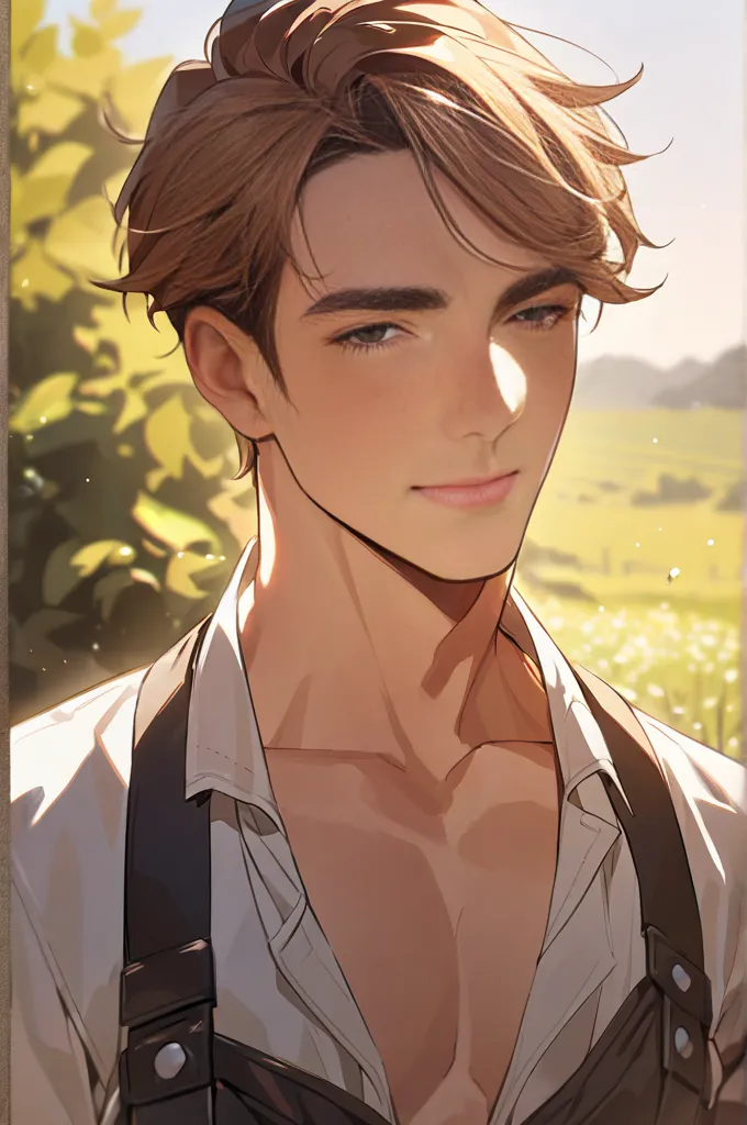 A young male of 20 years old, with very short brown hair, collarbone, per body, freckles, chestnut brown hair, very handsome. Farmer, hot farmer outfit, perfect face