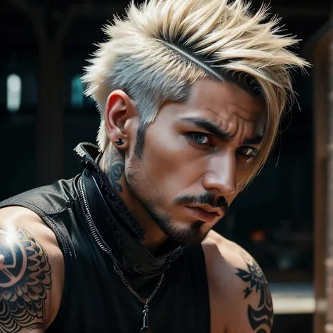 1 Japanese streampunk goth man, male, Asian eyes, muscular, broad shoulders, tattoos, hairstyle mohawk cut, black men's shirt and black pants, ultra detailed face and eyes, hyperrealistic, realistic representation, shoulder-length hair, 40 years old, age 4...