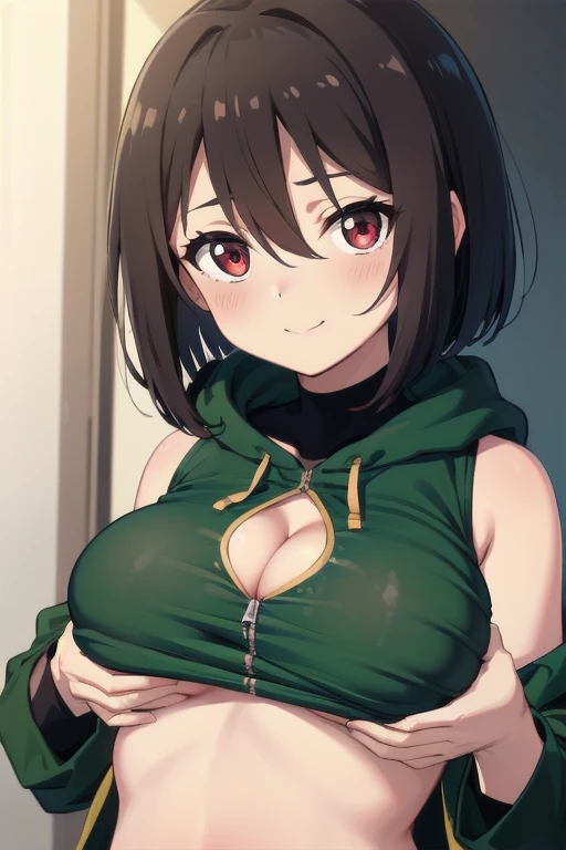 SS CHARA, BANGS, RED EYES, BROWN HAIR, HAIR BETWEEN EYES, SHORT HAIR, BOB CUT, CLEAVAGE, GREEN JACKET, GREEN HOOD, WHITE UNDERSHIRT, BLACK SHORT SHORTS, 1girl, solo, upper body, facing viewer, looking at viewer, smile, (Manos perfectas, Perfect anatomy), (...