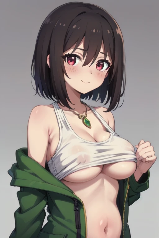 SS CHARA, BANGS, RED EYES, BROWN HAIR, HAIR BETWEEN EYES, SHORT HAIR, BOB CUT, BARE SHOULDERS, JEWELRY, NECKLACE, DRESS, CLEAVAGE, GREEN JACKET, WHITE UNDERSHIRT, BLACK SHORT SHORTS, 1girl, solo, upper body, facing viewer, looking at viewer, smile, (Manos ...