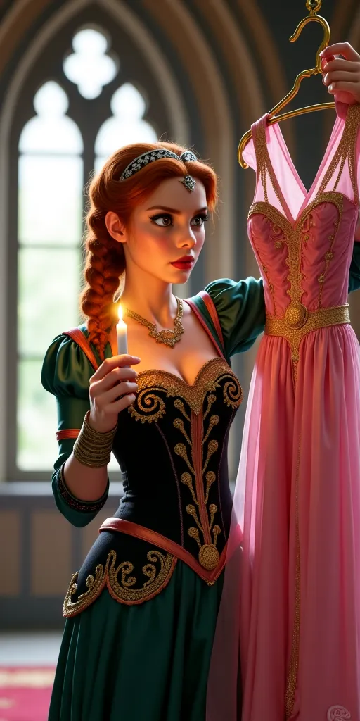 She has auburn hair styled in two braids and wears a small silver tiara, reinforcing her royal status.
She is dressed in a black and green gown with pink accents, featuring golden embroidery and a floral pattern on the bodice, giving her an elegant yet str...