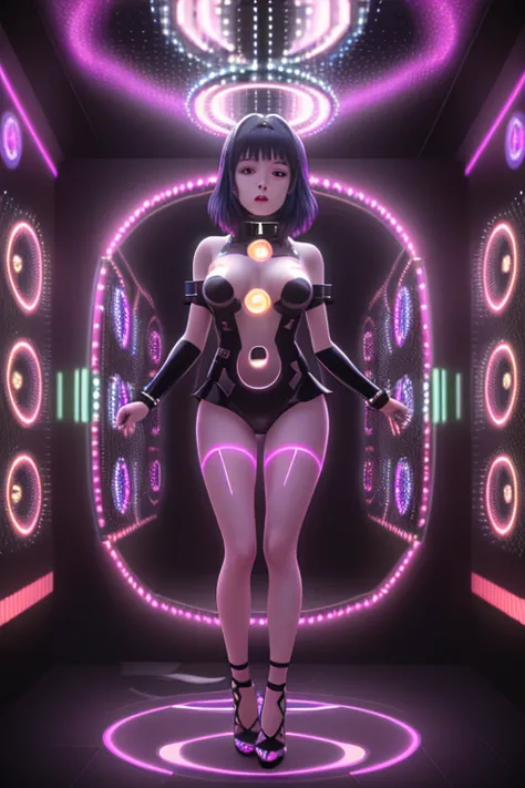 Anime girl, full body open shot, (8k masterpiece, RAW photo, best quality:1.2), absurdities, holographic image of naked girl, round and firm breasts DJ girl with neon body paint, high stiletto shoes, ((trapped inside an infinity mirror:1.4)), black light, ...