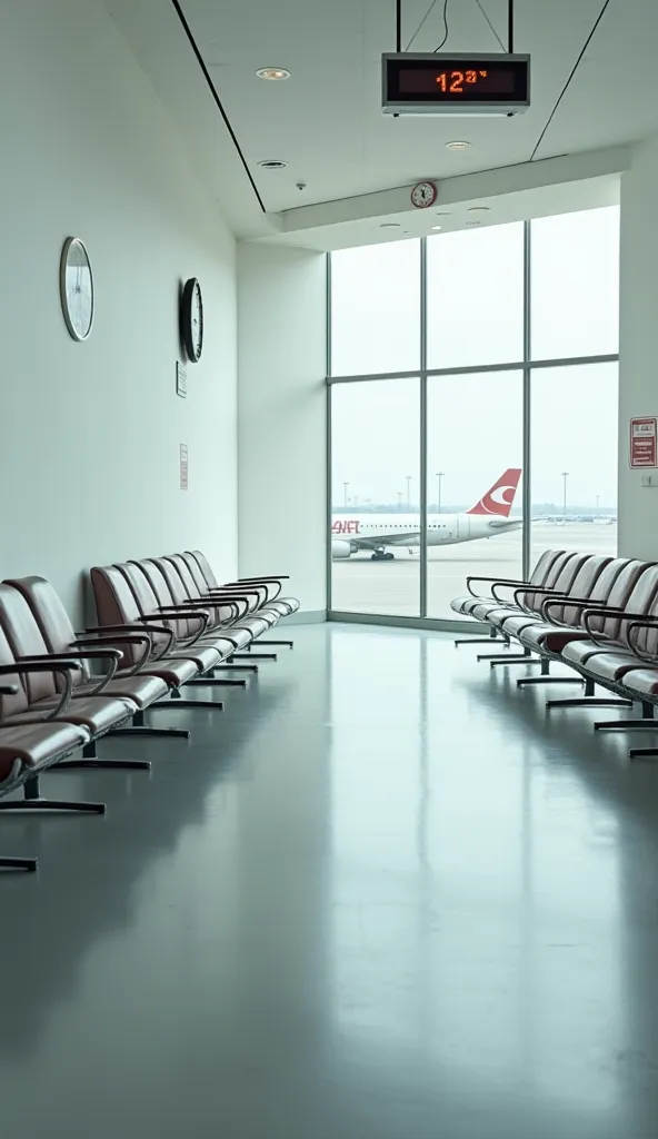 Walls of Airport waiting terminal have been painted clinical white; floors polished to a dull sheen. Simple steel chairs with torn vinyl padding line the space. A digital clock ticks silently on a barren wall. No dirt, but cold and unwelcoming. Airplanes c...