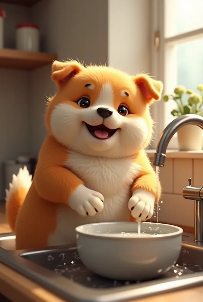 A realistic chubby dog,  with soft, shiny fur . He has cute paws, a rounded belly and an adorable expression, a short tail wagging. He's going to be washing dishes in the sink in his house