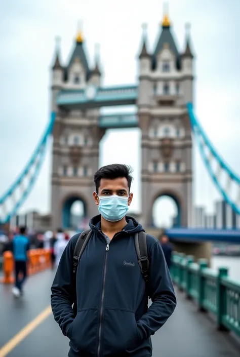 24 years Bangladeshi boy in front of tower bridge with face mask