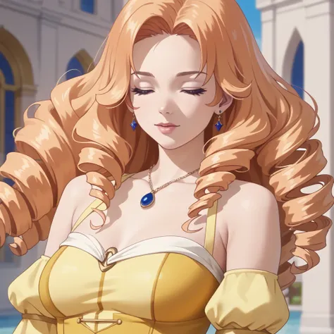 score_9, score_8_up, score_7_up, score_6_up, score_5_up, score_4_up, 1girl, closed eyes, light orange hair, wavy hair, twin drill, long hair,  yellow dress,  break  break best quality, 8k, hyper realistic, extremely detailed, anatomically accurate, highly ...