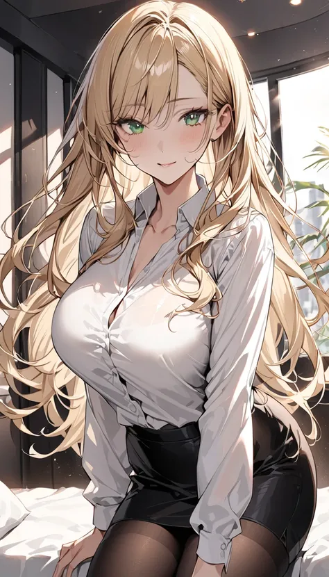 Detailed eye depiction，a mature woman，nice，beauty，grace，Big tits，Slender， golden long hair， Green Eyes ，Delicate five-pointed detail ，Delicate Eyes,  Seamless Connection ，gentle smile ，white shirt，Black narrow skirt，Black Stockings，modern， perfect human an...