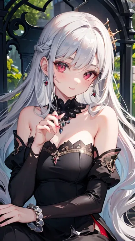 beautiful young lady, long silver hair, ruby-red eyes, long black dress, high heels, bare shoulders, throne, bracelets, necklace, earrings, hairpin, jewellery, gems, red nail polish, dark castle.