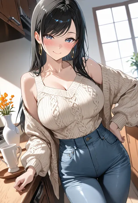 (best quality, masterpiece, ultra detailed, high resolution), Beautiful 8K CG artwork, Enriched photography, anatomically accurate body, depth of field,  1girl, elegant yet sexy girl, (long hair, black straight hair, swept bangs), 
round large breasts, bre...