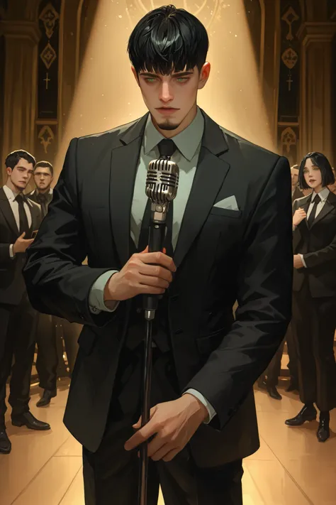 Single man, wearing a black suit, short hair with a masculine cut, goatee, with green eyes, holding a microphone, calm expression, in an evangelical church, standing on the stage, black hair, Holding a bible in his left hand, lonely,