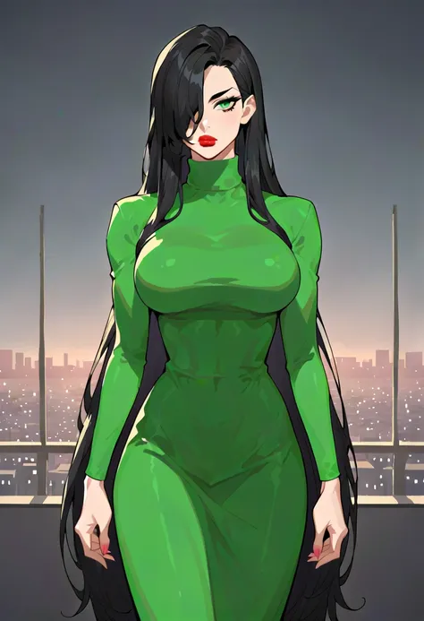 score_9, score_8_up, score_7_up, source_anime BREAK 1girl, solo,   junkop2, black hair, very long hair, hair over one eye, green eyes, lipstick, green dress, turtleneck,
cowboy shot, city, night