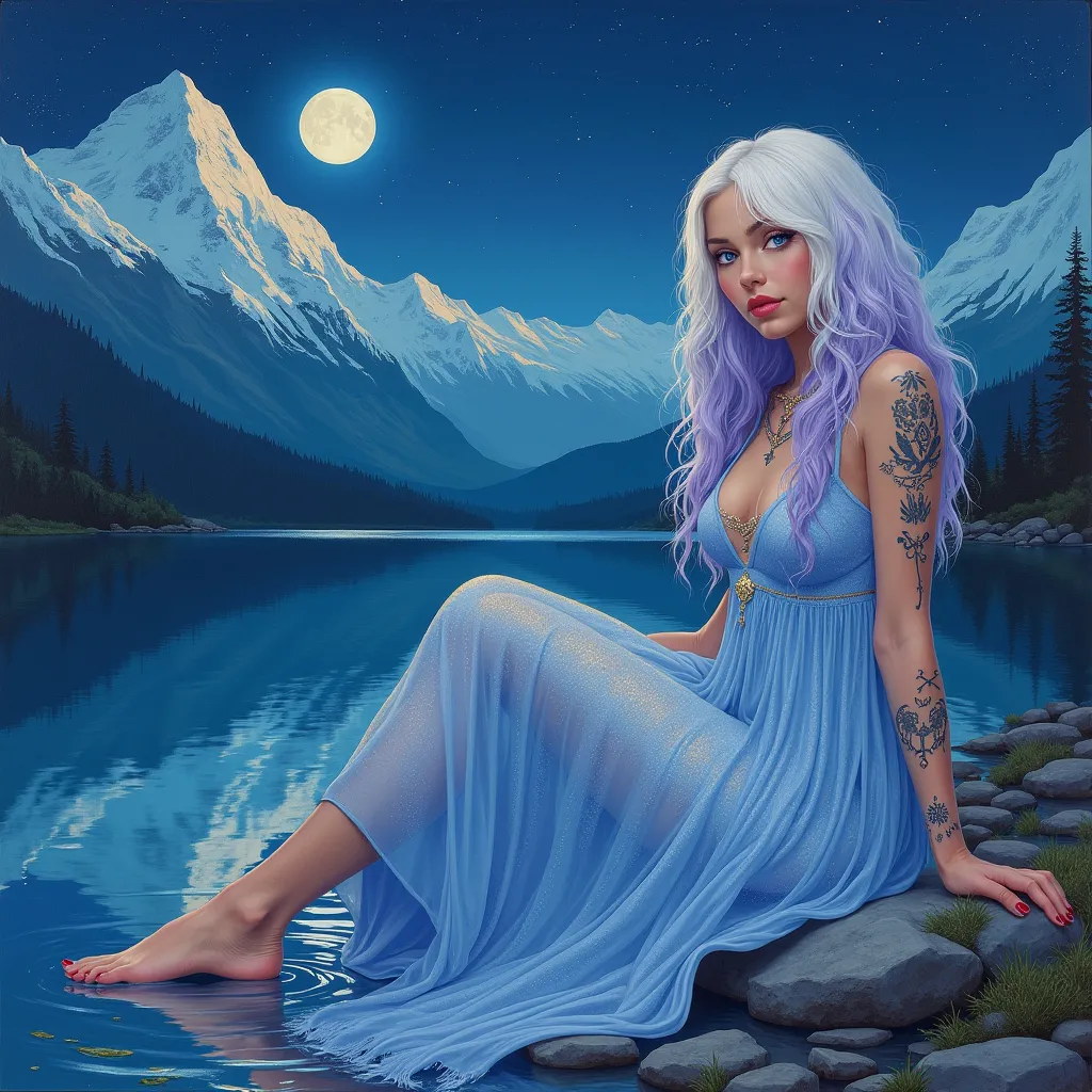 Imagine a beautiful woman with white and purple hair who falls in a cascade, plump lips, blue eyes, big breasts, skin tattooed with runes, wears a light blue glitter dress that flows and is barefoot. The woman is sitting on the shore of a serene lake with ...