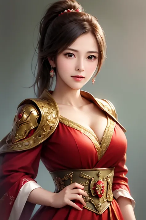 The upper body of a female warrior wearing red and gold armor and cloak, 1 person,  cute ponytail  ,20 years old, (((Real Face))), slightly larger breasts and cleavage,  reveal cleavage,Scary face,  very fine face and skin texture , camera with a bright ov...