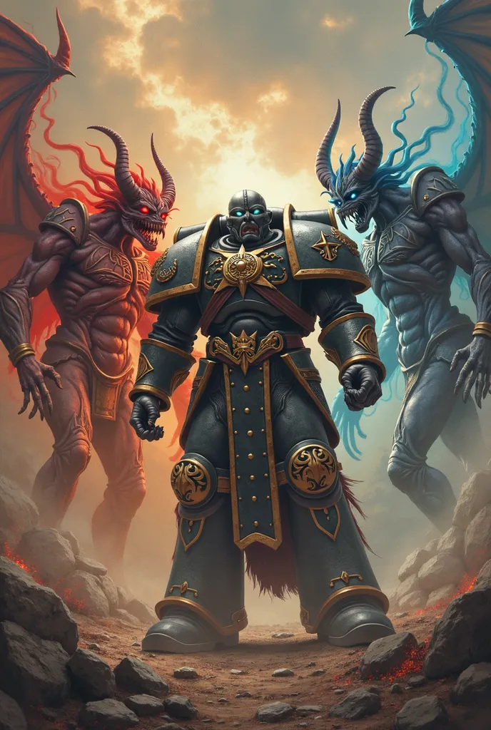 A space marine from Warhammer 40,000 shaking hands with a demon from Khorne and another demon from Tzeench. The marine must have dark green armor and a white cape in the style of the Dark Angels chapter