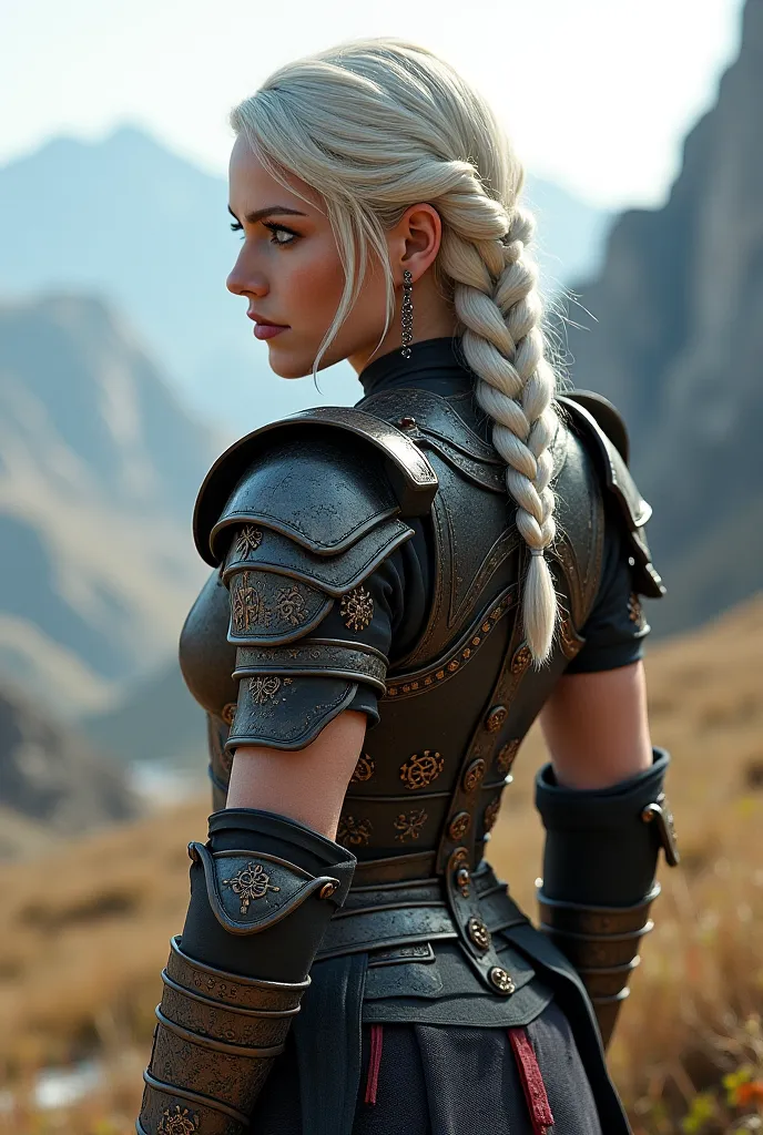 a woman with her back with short white hair tied in a braid and dressed as a warrior
