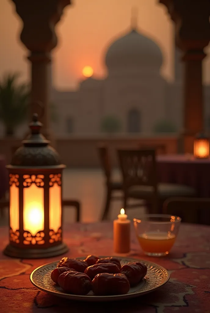 traditional ramadhan iftar with ajwa dates and water beside lantern, evening ambience