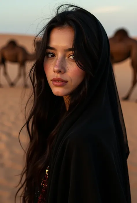 Her long black hair falls like the waves of night. Her brown eyes are as wide as those of a deer and are cute. Her eyelashes are long, her eyebrows are organized, her small straight nose, her mouth is shaped like a naturally swollen heart, her skin is clea...