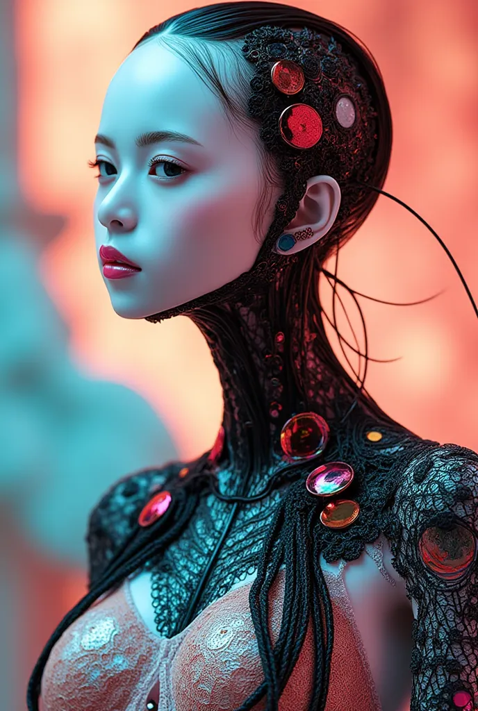 Ceramic Robot, upper body, Intricate 3d rendering of highly detailed beautiful ceramic silhouette female robot face, robot, robot part, 150 mm, beautiful studio soft light, rim light, vibrant details, luxurious cyberpunk, lace, surreal, anatomy, facial mus...