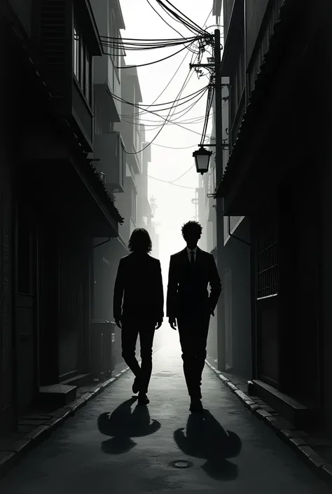 2 silhouettes walking forward in a narrow street. A black and white manga style image. A little spooky