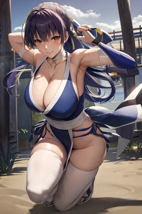 masterpiece, best quality, beautiful art, high resolution, well formed hands, body and fingers, 1 woman, solo, blue hair, blue eyes, hair ornament,  adult, grown up, big breasted, cleavage,  full body, braided long hair, blue_japanese_clothes, wearing DOA ...