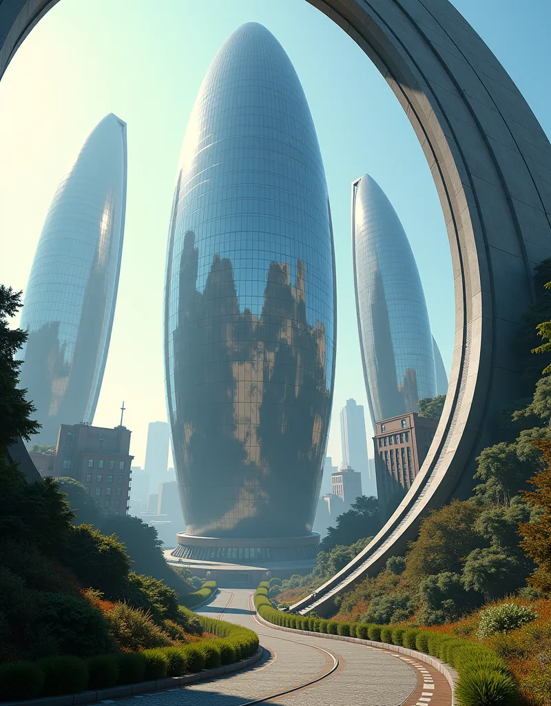 photo shoot，  post-production with photographic ultra-realism，hyper-detailing，Ultra-wide-angle photography，24th century，city of San Francisco， fantasy world ， Future Technological Cities ，Oval Building，levitation，Paths in Every Direction ， surrealistic vis...