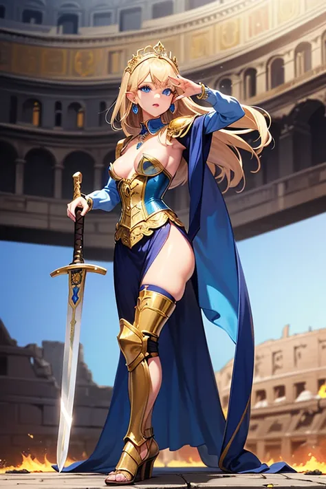 high resolution,  ultra detailed , A very tall woman, (long light blonde hair:1.2), (knee pads in royal blue with small gold details:1.2), (shin guards in royal blue with small gold details:1.3), (sleeves from wrist to elbow in royal blue with gold:1.2), (...