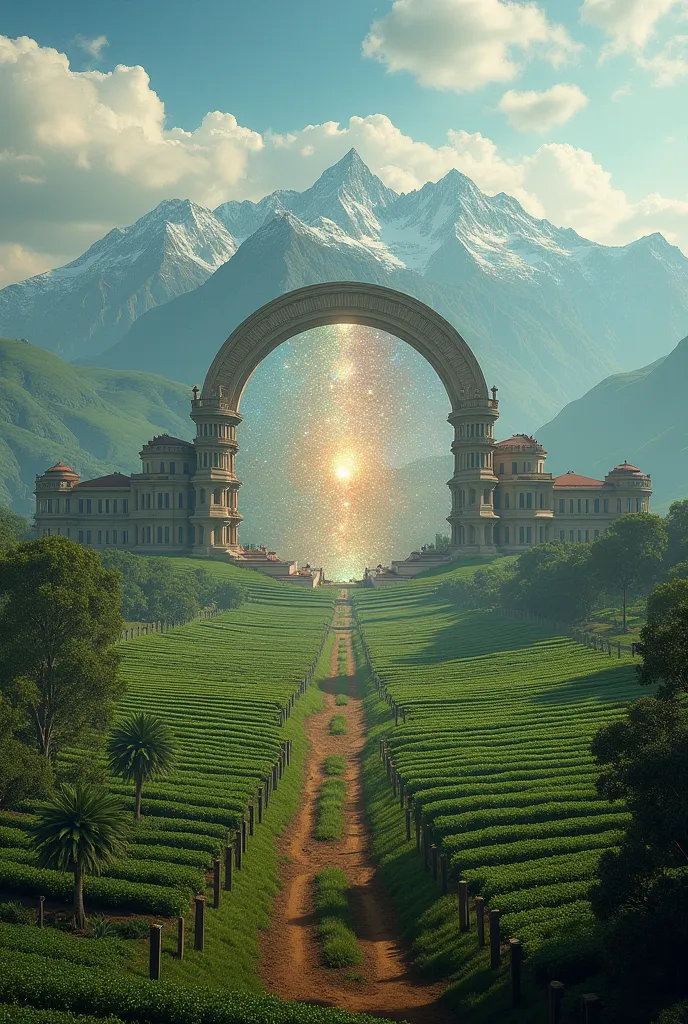 photorealistic image of plantations established in Africa in 1820 in front of a shimmering portal